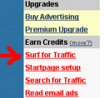 This is a screen capture of the options menu, available as soon as you log into the WebMasterQuest member area. Simply click the "Surf for Traffic" link, to begin earning free traffic!